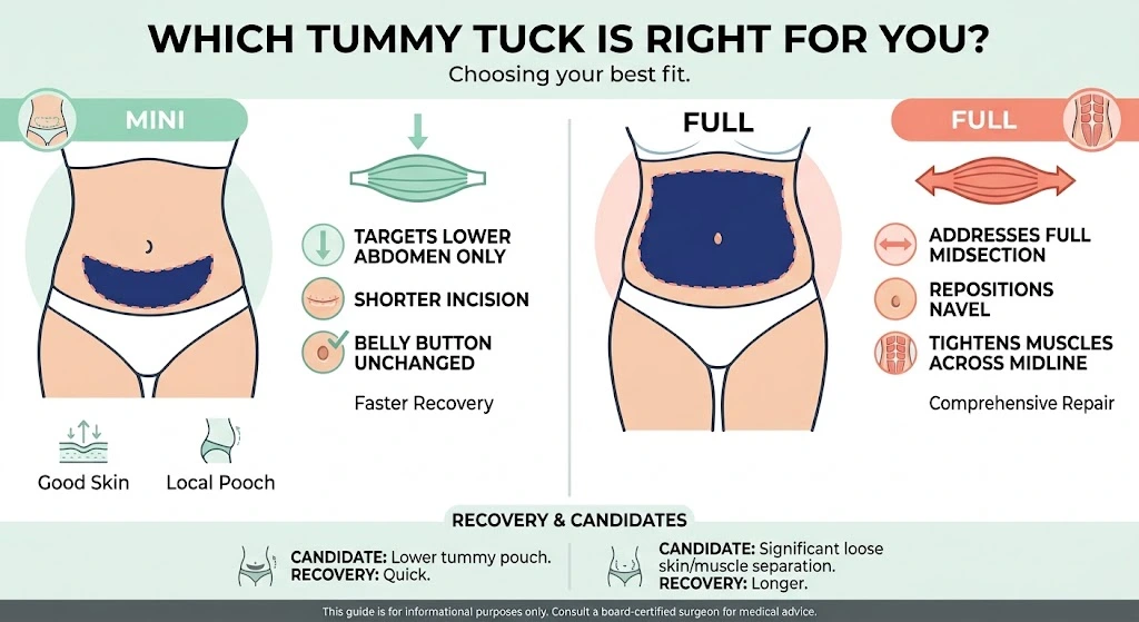 Infographic comparing mini and full tummy tuck: treatment areas, incision, navel and recovery
