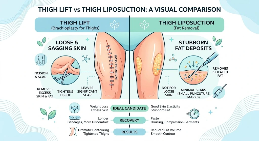 Infographic comparing thigh lift and thigh liposuction: ideal candidates, recovery and results