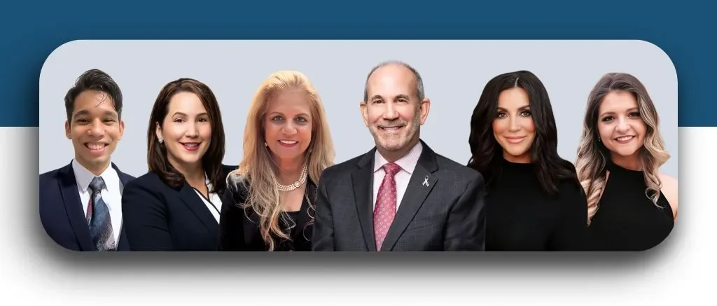 Shorr Solutions team of six professionals in business attire on rounded white banner with blue background