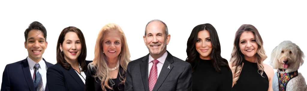 Shorr Solutions team of six professionals in business attire with a cream-colored dog in colorful collar