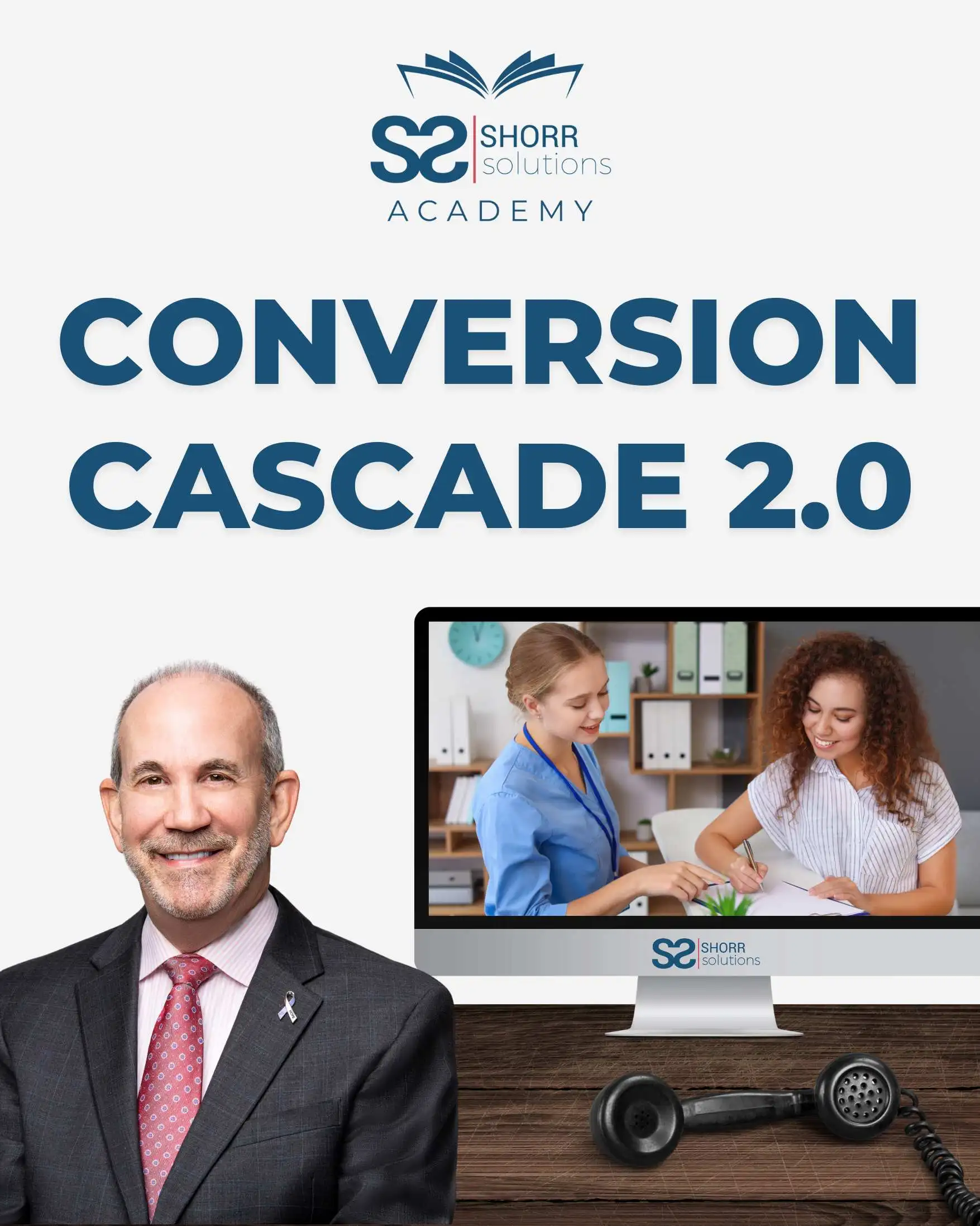 Conversion Cascade 2.0 course with instructor, two women in video conference on monitor, and phone on desk