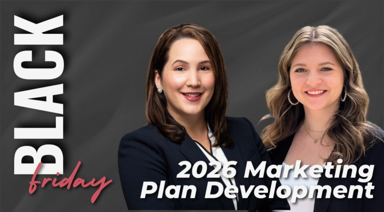 Two women in business attire smiling at camera with text 'BLACK friday' and '2026 Marketing Plan Development'