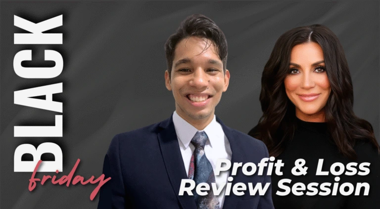 Man and woman in business attire with text Profit & Loss Review Session for Black Friday promotion