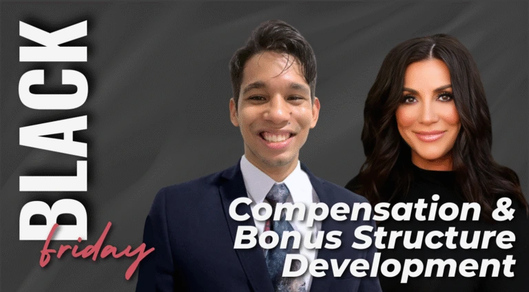 Man and woman in business attire with text Compensation & Bonus Structure Development for Black Friday promotion