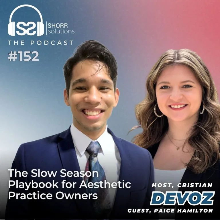 SHORR solutions podcast episode 152 featuring host Christian Devoz and guest Paige Hamilton discussing the slow season playbook for aesthetic practice owners