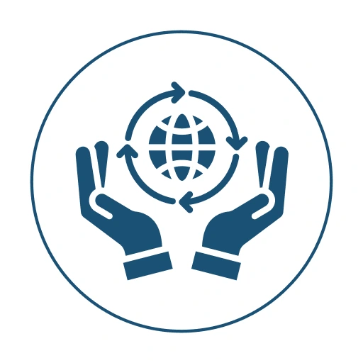 Two hands cradling a globe with circular arrows