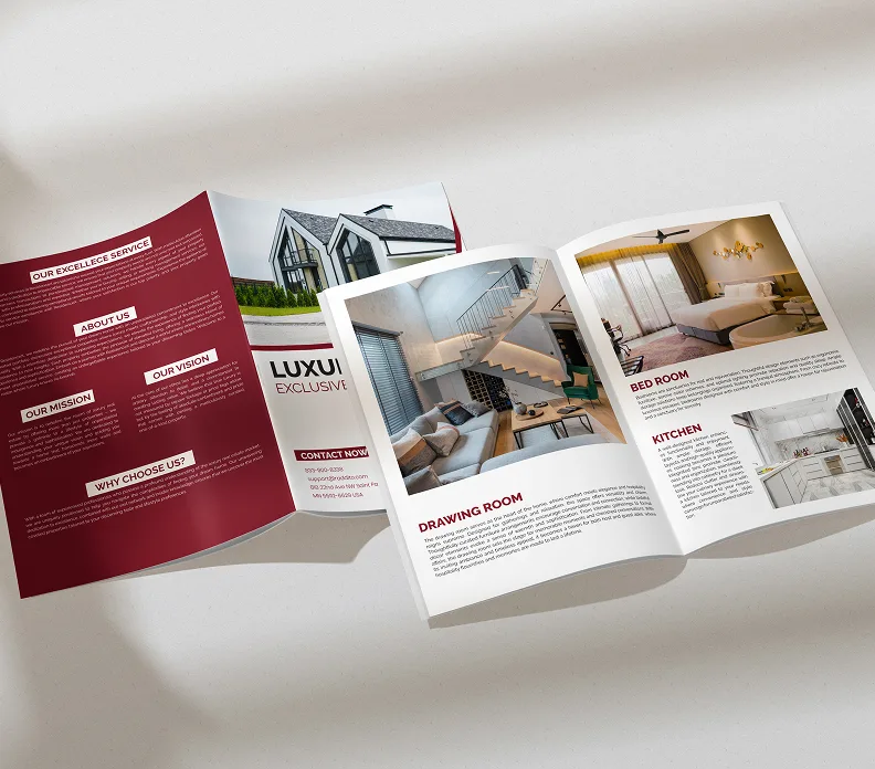 Luxury real estate brochure featuring bedroom, kitchen, and drawing room photography with burgundy cover