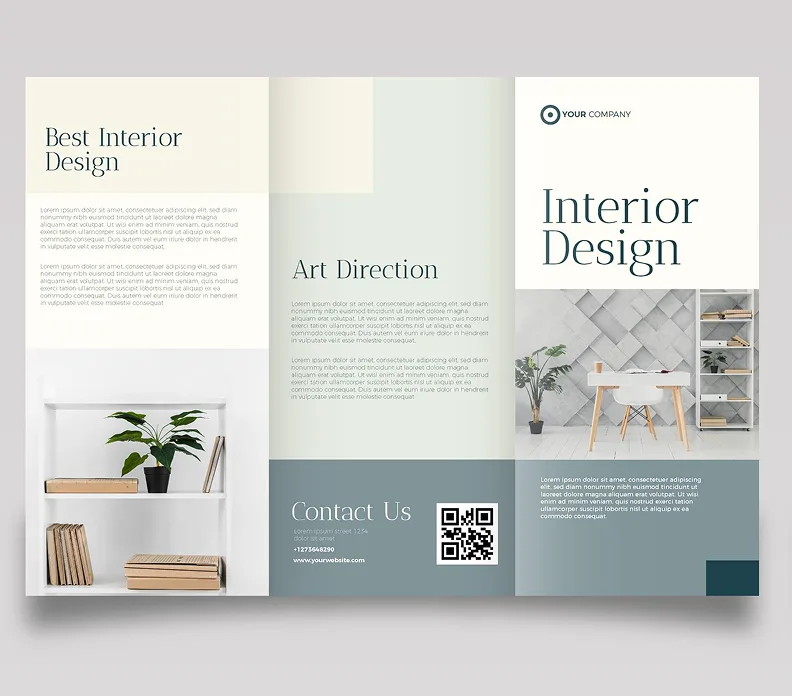 Three-panel interior design brochure with plant styling, geometric patterns, and contact details