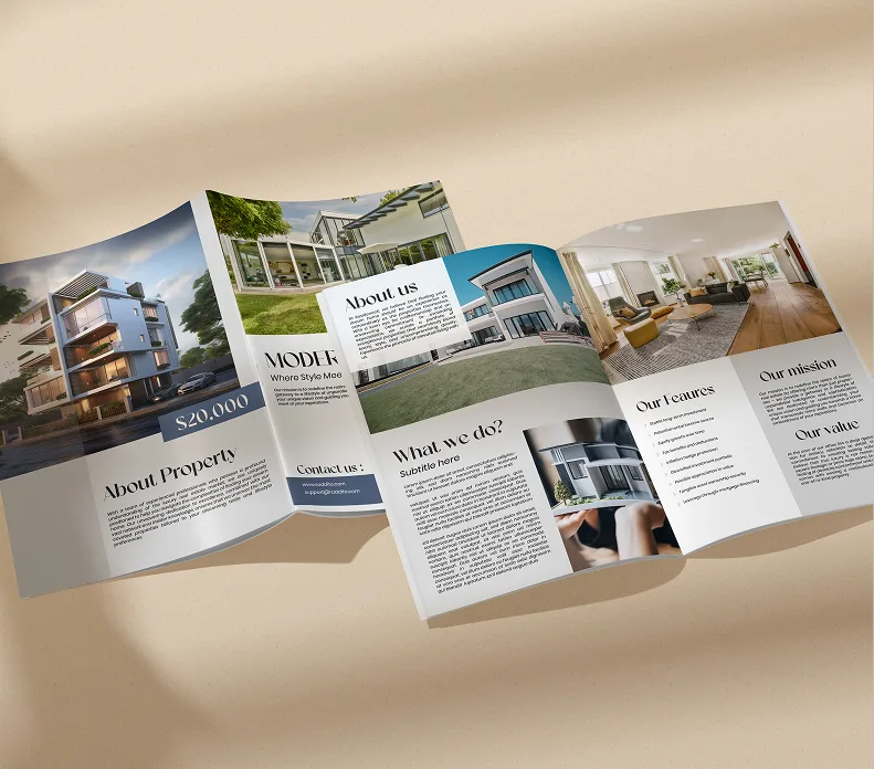 Unfolded real estate marketing brochure showing property images, floor plans, and contact information