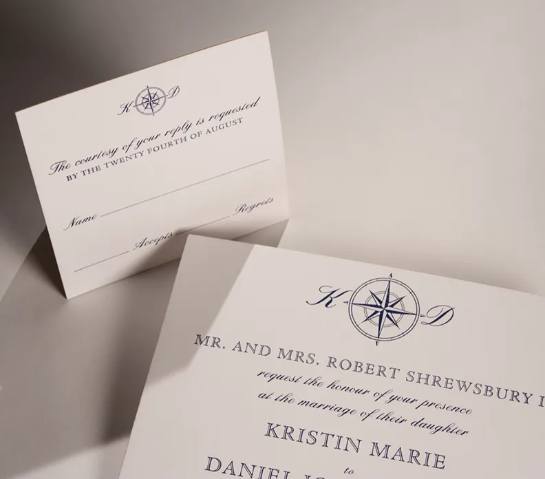 Wedding RSVP and invitation cards with compass rose design for Robert Shrewsbury and Kristin Marie