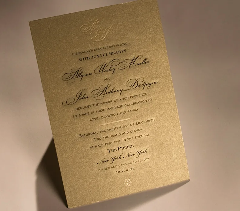Gold foil wedding invitation for Allyson Wesley Mueller and John Anthony DeSpigue at The Pierre