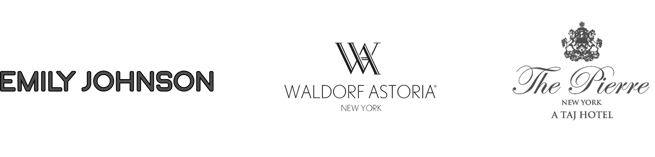 Emily Johnson, Waldorf Astoria New York, and The Pierre New York A Taj Hotel logos