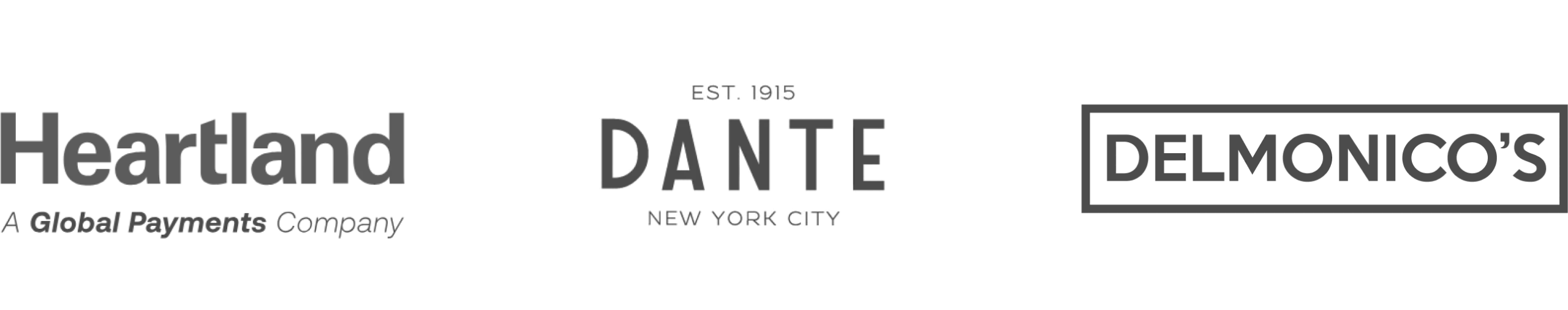 Heartland A Global Payments Company, Dante New York City Est. 1915, and Delmonico's logos