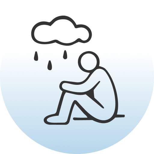 Seated figure under rain cloud icon, symbolizing depression or emotional distress