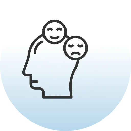 Head profile containing two faces, one smiling and one frowning