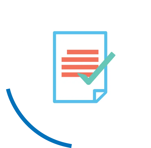 Blue document with red lines and green checkmark, representing eligibility assessment