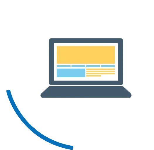 Laptop displaying content layout with decorative arc