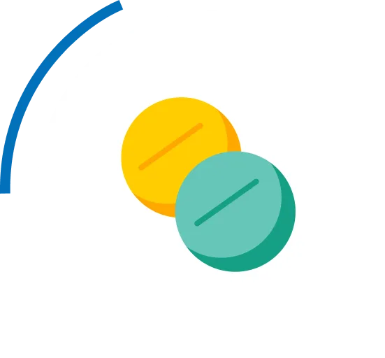 Yellow and teal circles with diagonal lines representing therapy or treatment