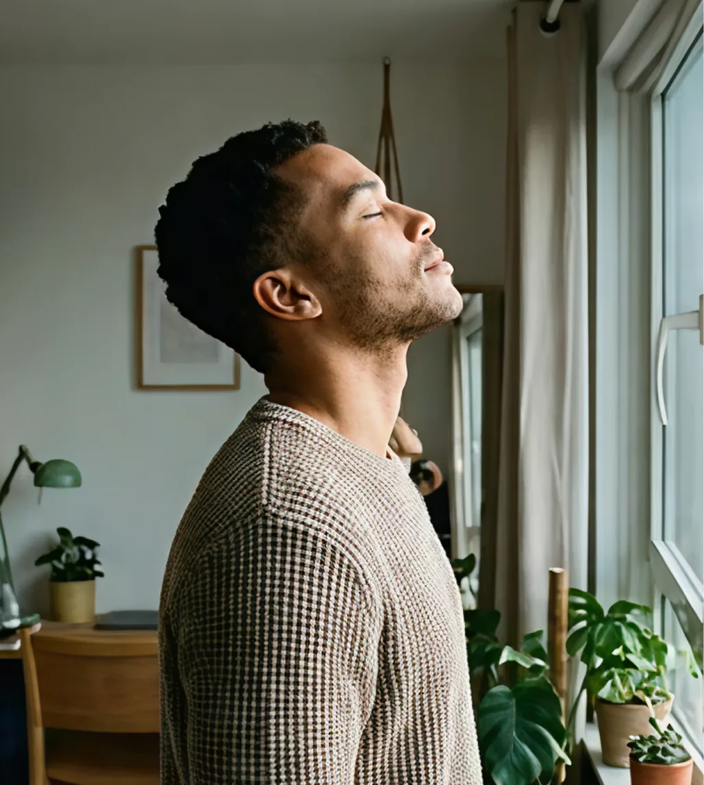 Man in beige sweater looking upward by window with potted plants in background