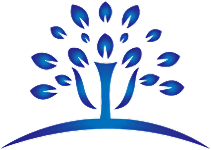 Blue tree icon with spreading leaves and curved base