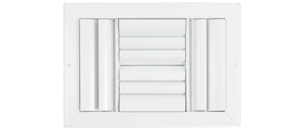 White ceiling-mounted air conditioning vent with horizontal louvers and side dampers