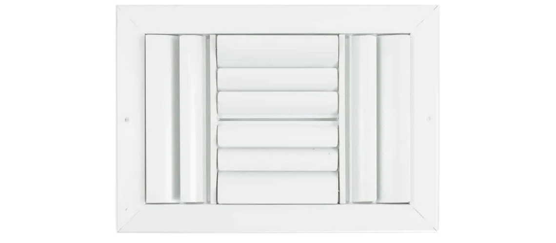 White ceiling-mounted air conditioning vent with horizontal louvers and side dampers