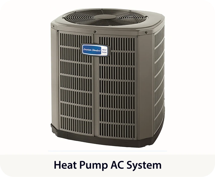 American Standard heat pump AC system with top-mounted fan and vertical fins
