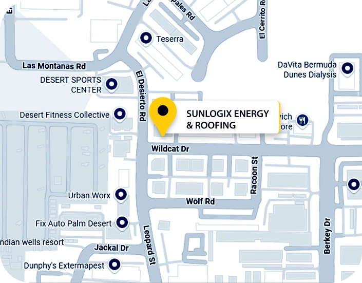 Map showing Sunlogix Energy & Roofing location on Wildcat Dr in Desert Hot Springs, CA