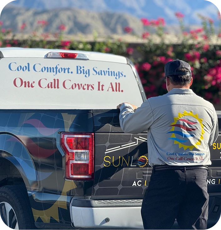 Sunlogix technician opening service vehicle door with text Cool Comfort Big Savings One Call Covers It All