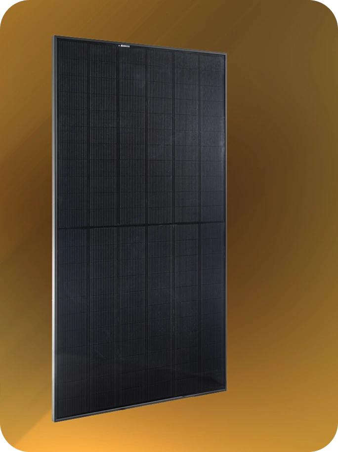 Black solar panel with grid pattern against golden background