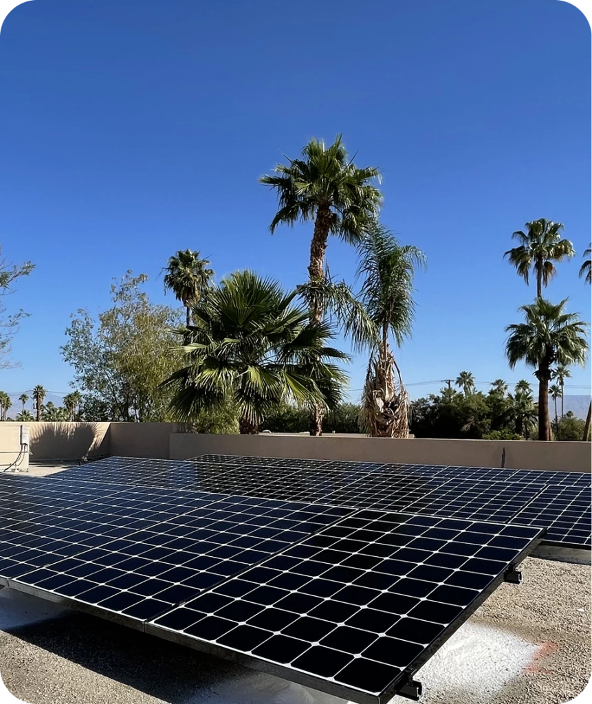 Solar panel array installed on flat roof with palm trees and clear sky