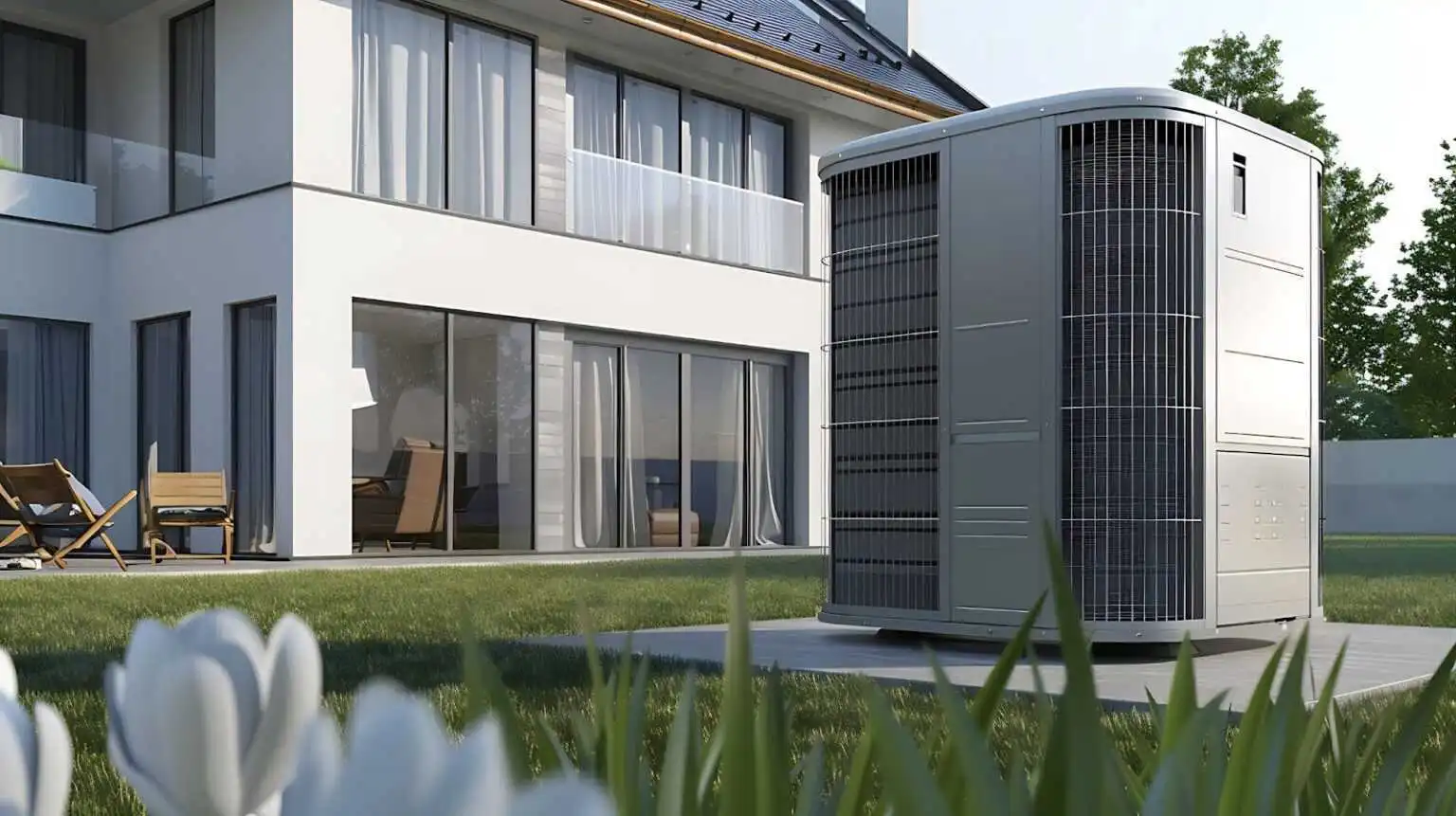 Modern residential home with cylindrical white and gray heat pump unit on patio beside lawn and garden
