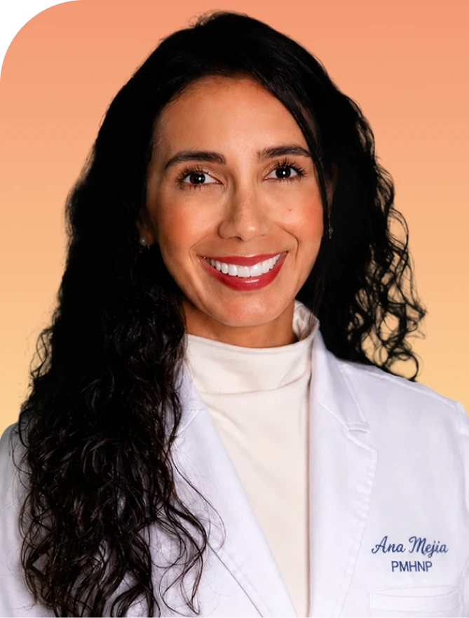 Ana Mejia, PMHNP, smiling with long dark wavy hair wearing white coat against peachy background