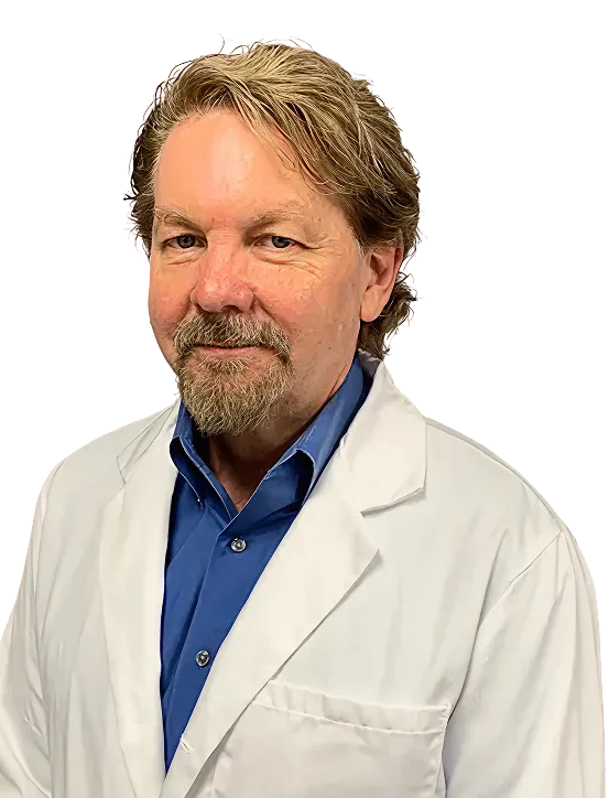 Dr. David, male physician wearing white lab coat and blue shirt