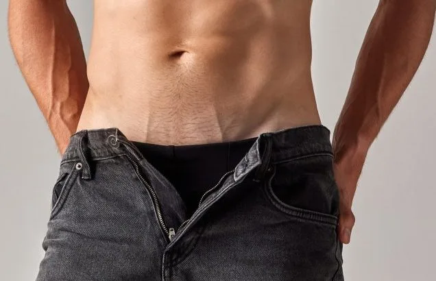 Collage of four shirtless men showing varied physiques against neutral backgrounds