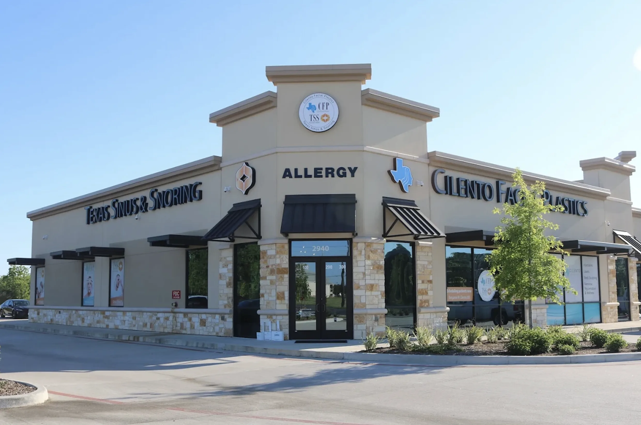 Texas Sinus and Snoring medical office exterior with Allergy and Rhinoplastics signage