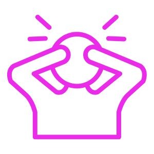 Magenta outline of a head with radiating stress lines representing overstimulation
