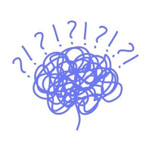 Tangled blue scribble forming a brain shape surrounded by question marks, representing cognitive overwhelm