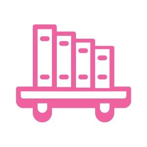 Pink icon of stacked boxes on a wheeled cart representing clutter and overwhelm