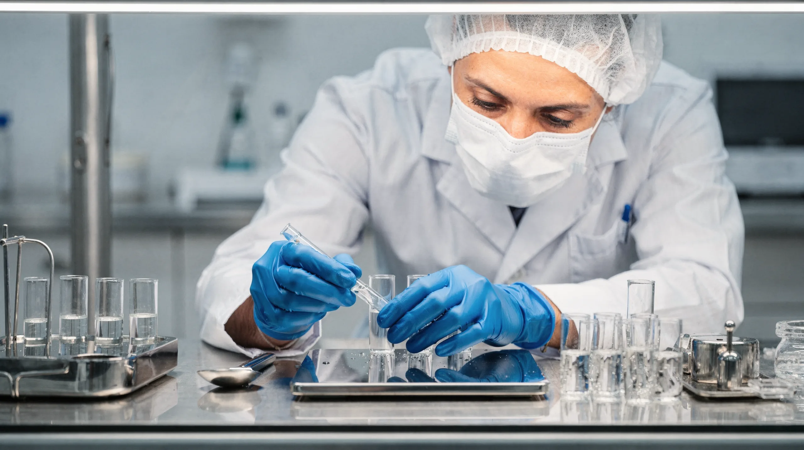 Pharmacist compounding medication in a sterile compounding lab