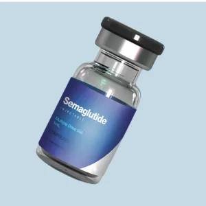 Semaglutide injectable medication vial with blue label and black cap