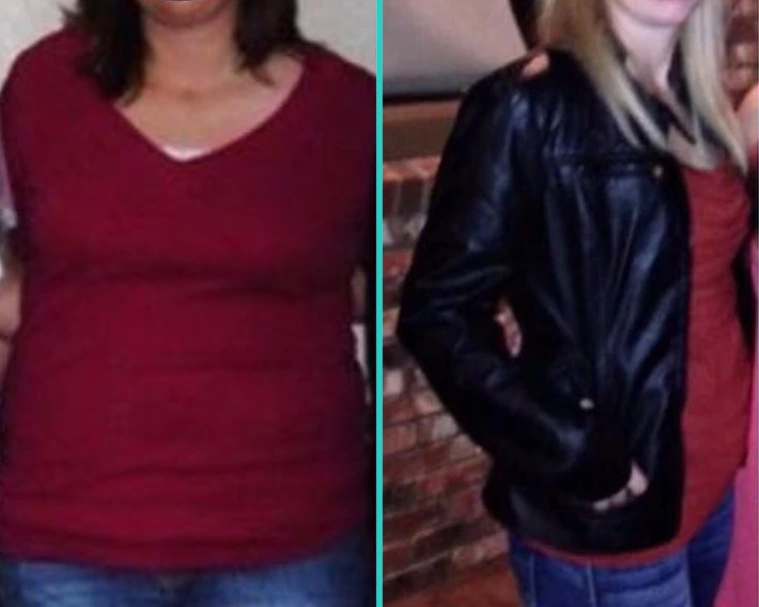 Before and after weight loss comparison showing woman in burgundy shirt, left heavier then right slimmer in black jacket
