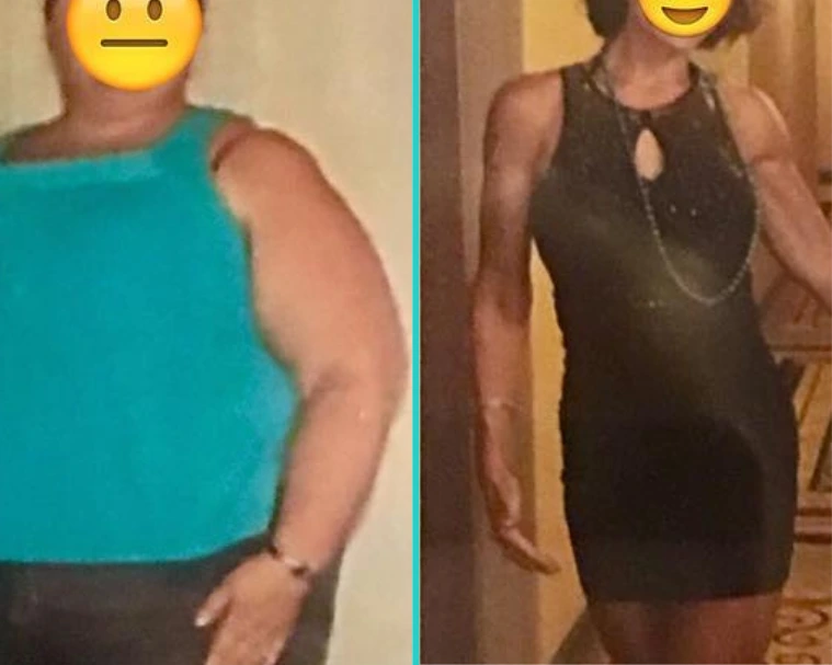 Before and after weight loss comparison showing woman in turquoise tank top and after in black dress