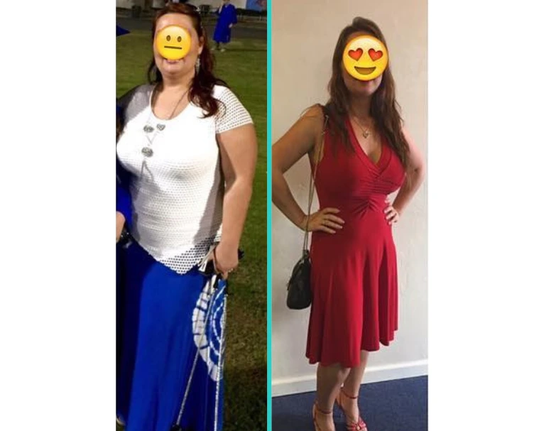 Before and after weight loss comparison showing woman in white top and after in red dress