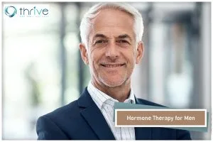 Smiling man in blazer with Hormone Therapy for Men label