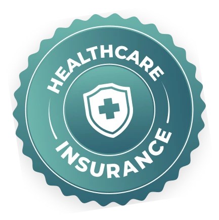 Healthcare insurance seal badge with shield and cross symbol