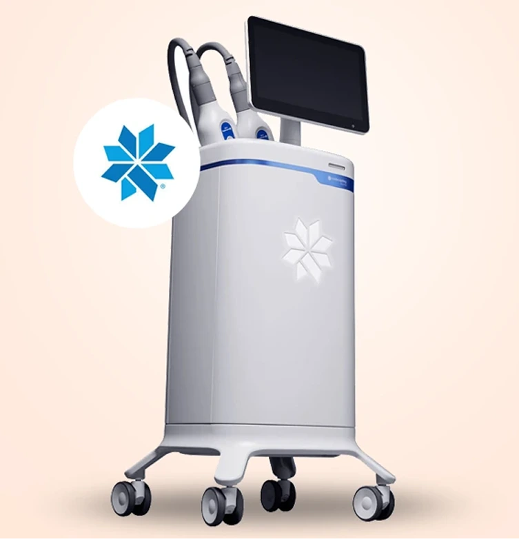 CoolSculpting device with dual applicators and touchscreen display, blue snowflake logo