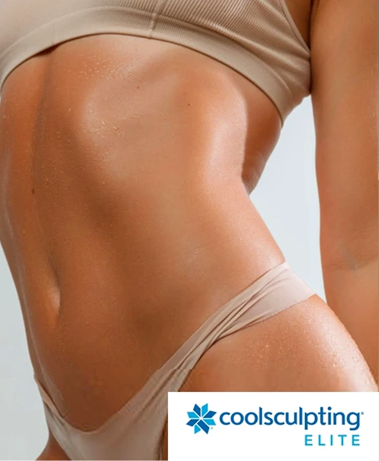 CoolSculpting Elite logo and woman's smooth, sculpted buttocks and hip area