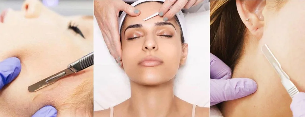 Three dermaplaning treatment images: blade application, facial massage, and neck treatment