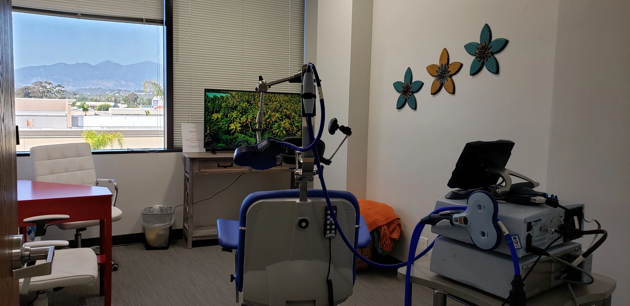 Treatment room with blue TMS device, monitor on stand, laptop, window view of mountains, and decorative flower wall art